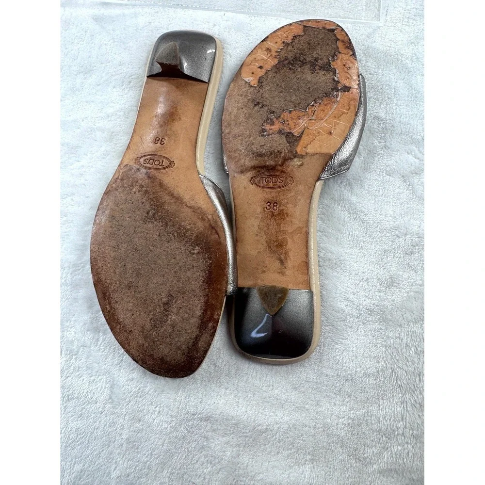 Tod's Heel Sandals Women 38 Silver Metallic Pewter Leather Bow Slip-On Comfort‎